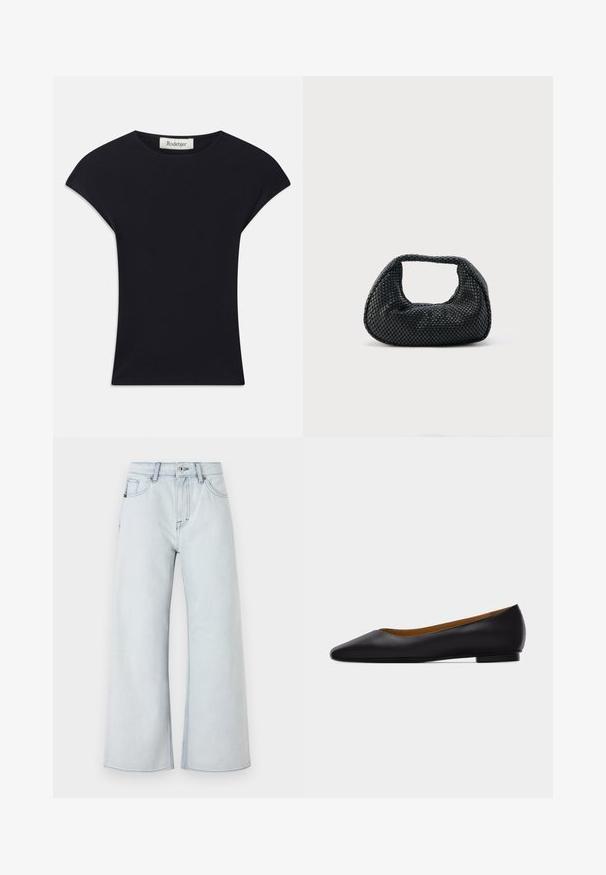 Schwarzes Kurzarmoberteil aus weichem Stoff, mit einem runden Ausschnitt und einer figurbetonten Form, die subtile Schulterakzente setzt. Etikett sichtbar.; Helle Jeans in weit geschnittenem Design, aus Denim gefertigt. Eigenschaften umfassen einen Five-Pocket-Stil, Gürtelschlaufen und einen Knopfverschluss.; Schwarzer flacher Schuh aus Leder mit spitz zulaufender Vorderkappe, niedrigem Absatz und glatter Oberfläche, von der Seite vor einem hellgrauen Hintergrund dargestellt.; Schwarze gewebte Hobo-Tasche mit weicher Struktur und integriertem Griff, dargestellt vor einem schlichten hellen Hintergrund.