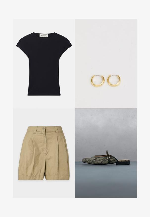 Sort kortærmet top lavet af blødt stof, med rund halsudskæring og en tætsiddende form med diskrete skulderdetaljer. Mærke synligt.; Beige shorts med høj talje med knap- og lynlåslukning, bæltestropper og frontlige folder, vist på en ensfarvet baggrund.; Slip-on sko med sort og beige geometrisk mønster, sort rem med guldbeslag, vist i luften over udendørs træfliser.; Guld hoops øreringe med en poleret overflade, der har en rund form og en hængselåbning. Glat tekstur og minimalistisk design.
