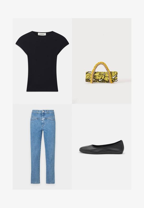 Schwarzes Kurzarmoberteil aus weichem Stoff, mit einem runden Ausschnitt und einer figurbetonten Form, die subtile Schulterakzente setzt. Etikett sichtbar.; Helle blaue Jeans aus Denim mit geradem Bein, fünf Taschen und einem Knopfverschluss. Sie weisen eine leicht ausgebleichte Textur und minimalen Nähten auf.; Schwarze Leder-Ballettschuhe mit abgerundeter Spitze, glatter Textur, minimalen Nähdetails und einem flexiblen Sohlen-Design.; Rechteckige Tasche mit gelbem und schwarzem Blumenmuster und geflochtenem gelb-pinkem Griff auf weißem Hintergrund.
