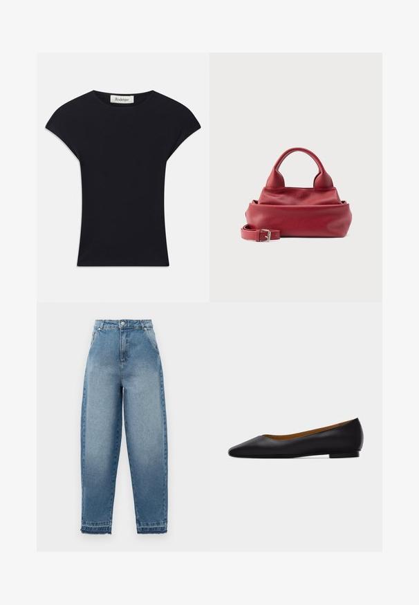 Sort kortærmet top lavet af blødt stof, med rund halsudskæring og en tætsiddende form med diskrete skulderdetaljer. Mærke synligt.; Lyseblå denimjeans med høj talje, løs pasform, fem-lommer design og frynsede kanter. Har klassisk syning og lynlås foran.; Sort læder flad sko med spids tå, lav hæl og glat finish, vist fra siden på en lysegrå baggrund.; Rød struktureret lædertaske med to runde håndtag og en aftagelig rem med et sølvspænde på en hvid baggrund.