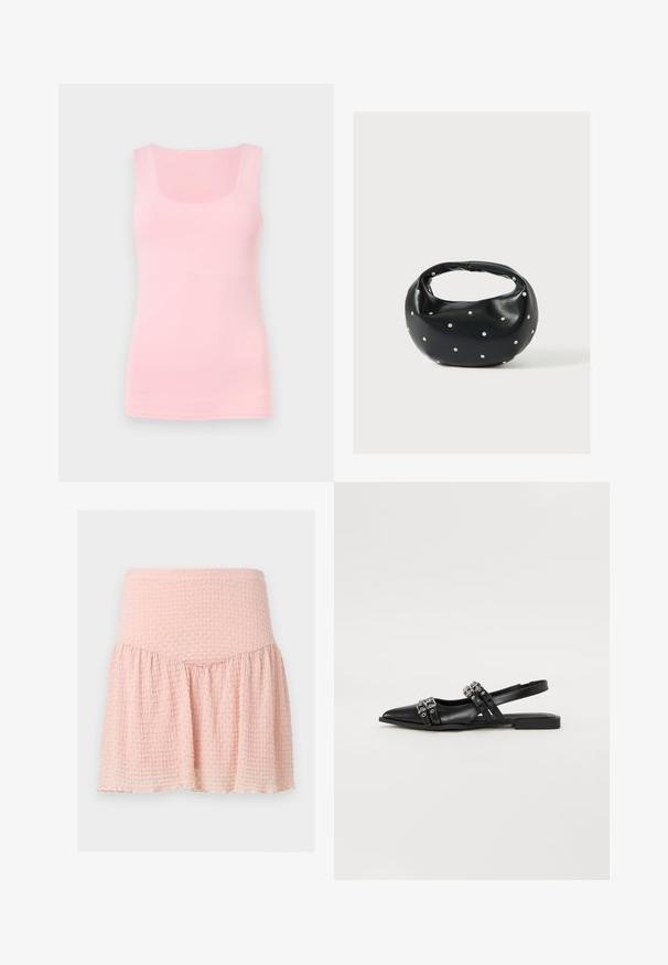 Débardeur rose clair sans manches avec un col carré, présenté sur un fond clair uni.; Mini-jupe rose clair texturée avec une large ceinture et un détail de tissu froncé sur un fond uni.; Even&Odd by Zalando Ballerines à brides arrière - black; Sac à main en cuir noir de forme arrondie, décoré de clous argentés et équipé d'une poignée courte. Texture lisse et fermeture éclair.