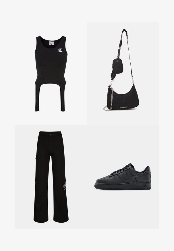 Schwarzes, ärmelloses Cropped-Top aus einem weichen, dehnbaren Stoff mit tailliertem Schnitt. Verfügt über ein Logo auf der Brust und Ausschnittdetails am Saum.; Schwarze Cargo-Hosen mit lockerem Schnitt, aus strapazierfähigem Stoff. Mit Seitentaschen und weißen Logo-Details am Bein.; Schwarze Ledersneaker mit durchlöchertem Zehenbereich, flachen Schnürsenkeln und Gummisohle. Verfügt über ein kleines Logo an der Seite und eine strukturierte Oberfläche.; Schwarze Nylon-Umhängetasche mit geschwungener Form, silbernem Kettenakzent, abnehmbarem Mini-Pouch und verstellbarem Trageriemen; mit "Steve Madden"-Logo.