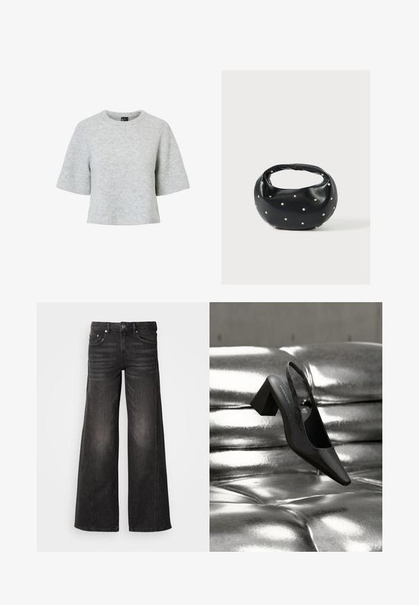 Grå kortærmet trøje lavet af tekstureret strikket stof med rund halsudskæring og et cropped design. Ingen synlige mønstre eller detaljer.; Sorte vidde-ben denimjeans med falmede detaljer, fem-lomme design, knap- og lynlåslukning.; Sort slingback-hæl med spids tå, der har en tekstureret overflade og en chunky blokhæl. Lagt mod en skinnende, metallisk baggrund.; Sort læderhåndtaske med en rundet form, dekoreret med sølvnitter, og et kort håndtag. Glat tekstur og lynlåslukning.
