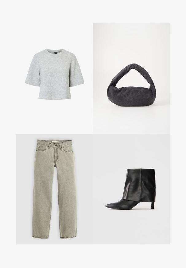 Grå kortærmet trøje lavet af tekstureret strikket stof med rund halsudskæring og et cropped design. Ingen synlige mønstre eller detaljer.; Lys grå straight-leg jeans med frontlukkede knap og lynlås, bæltestropper og fem-lomme design.; Sort læderstøvle til midten af læggen med spids tå, foldet øvre skaft og slank lav hæl, der står på hvid baggrund.; Mørkegrå stofpose med et buet håndtag, blød tekstur og rund form. Ingen synligt hardware eller pynt.