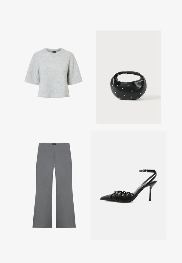 Sivý sveter s krátkym rukávom vyrobený z textúrovaného pleteného materiálu, s okrúhlym výstrihom a skráteným strihom. Bez viditeľných vzorov alebo akcentov.; Sivá rozšírená nohavice s hladkou textúrou, vysokým pásom a čistým dizajnom. Žiadne viditeľné vzory ani kovové detaily.; Čierne lodičky na vysokom opätku s špicatou špičkou, zvlnenými okrajmi, kovovými očkami, šnurovaním vpredu a remienkom na členku so sponou.; Čierna kožená kabelka s zaobleným tvarom, zdobená striebornými cvočkami a krátkym rúčkou. Hladká textúra a zapínanie na zips.