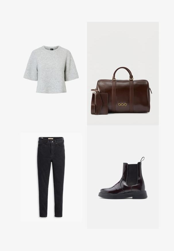 Grå kortærmet trøje lavet af tekstureret strikket stof med rund halsudskæring og et cropped design. Ingen synlige mønstre eller detaljer.; Sorte denimjeans med høj talje, slank pasform og minimale syninger. Stofmet viser en let tekstur med en glat finish.; Chelsea støvler i mørk burgunder patentlæder med elastiske sidepaneler, afrundet tå, pull-tab og en kraftig sort gummisål.; Mørkebrun læder sportstaske med to håndtag, et guld kædeemblem samt en tilhørende matchende læder bagagemærkat og rem.