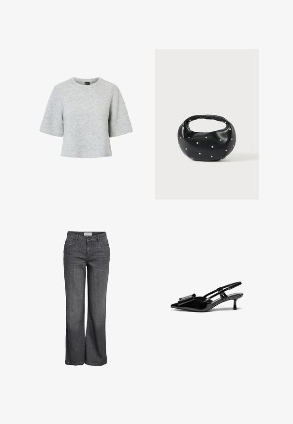 Grå kortærmet trøje lavet af tekstureret strikket stof med rund halsudskæring og et cropped design. Ingen synlige mønstre eller detaljer.; Bredde ben jeans i mørkegrå denim. Har høj talje, traditionelt fem-lomme design og en ren kanten uden udsmykning.; Sorte patenterede læderslingbacks med spids tå, en sløjfedetalje foran og en lille stilettohæle. Remmene har justerbare spænder.; Sort læderhåndtaske med en rundet form, dekoreret med sølvnitter, og et kort håndtag. Glat tekstur og lynlåslukning.