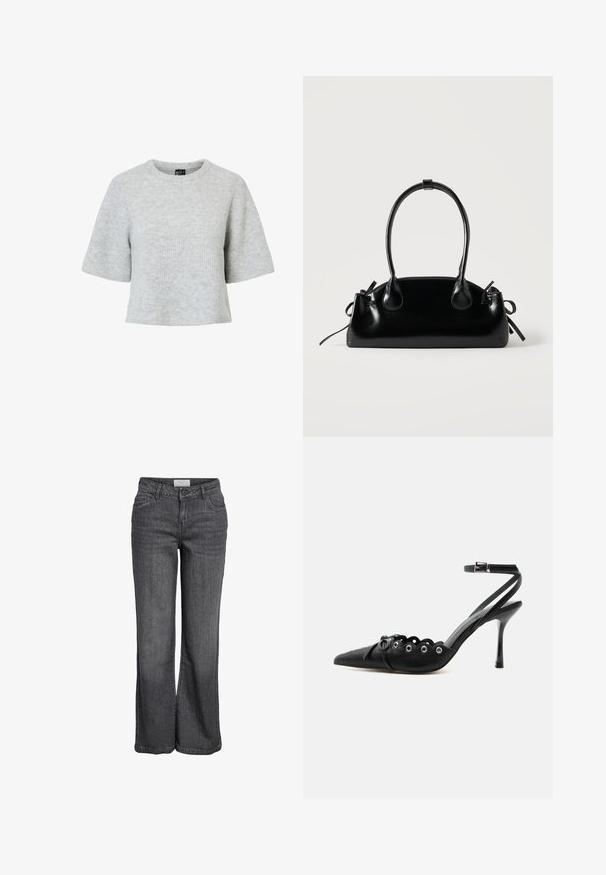 Grå kortærmet trøje lavet af tekstureret strikket stof med rund halsudskæring og et cropped design. Ingen synlige mønstre eller detaljer.; Bredde ben jeans i mørkegrå denim. Har høj talje, traditionelt fem-lomme design og en ren kanten uden udsmykning.; Sort spids hæl med bølgede kanter, metaløjer, snørelukning foran og ankelrem med spænde.; Lille sort blank håndtaske med to lange håndtag og snøre-detaljer i siden på en ensfarvet lys baggrund.