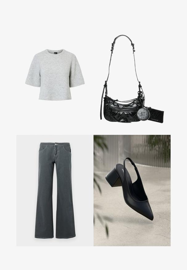 Grijze trui met korte mouwen van gestructureerde gebreide stof, met een ronde halslijn en een cropped ontwerp. Geen zichtbare patronen of accenten.; Grijze flared jeans van denim met een gladde textuur. Kenmerken zijn een knoopsluiting, riemlussen en voorzakken.; Zwarte leren slingback hak met een spitse neus en een blokhak. Glad oppervlak, minimalistisch ontwerp en verstelbare enkelband.; Zwarte synthetische leren handtas met een gebogen ontwerp, een ritsvak aan de voorkant en decoratieve hardware, inclusief een afneembare ronde muntenpouch.