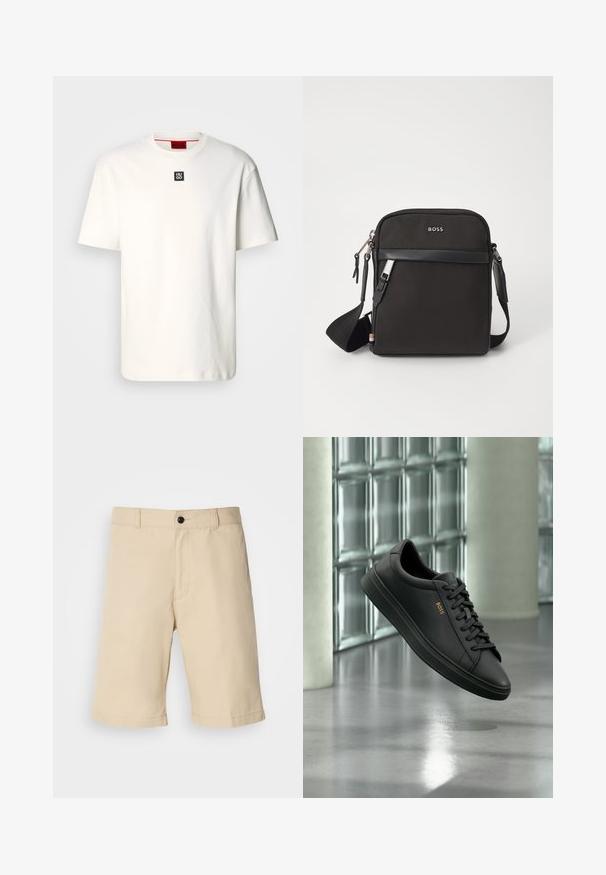 T-shirt en coton blanc avec un col rond, des manches courtes et un petit logo carré noir avec "HUGO" sur la poitrine. Design simple, texture douce.; Shorts beiges en tissu léger, avec une taille plate, une taille standard avec fermeture à bouton, et un ourlet droit.; Baskets basses en cuir noir avec lacets noirs et logo BOSS doré sur le côté, flottant au-dessus d’un sol gris brillant dans un espace intérieur moderne.; Sac bandoulière noir en tissu texturé, avec un logo sur le devant, fermeture éclair et une bandoulière réglable. Finitions en cuir lisse.