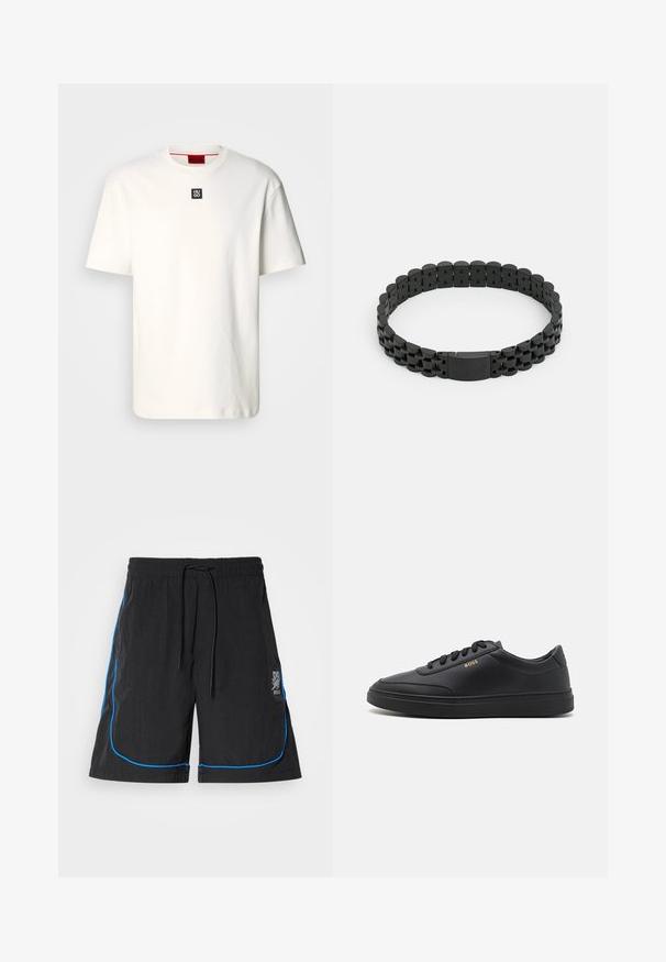 T-shirt en coton blanc avec un col rond, des manches courtes et un petit logo carré noir avec "HUGO" sur la poitrine. Design simple, texture douce.; Shorts de bain noirs avec taille à cordon de serrage, présentant un piping bleu le long des coutures et un logo sur la cuisse gauche. Tissu léger.; Baskets en cuir noir avec une texture lisse, bout rond, semelle en caoutchouc plate et lacets ton sur ton. Présente une marque "BOSS" dorée sur le côté.; BOSS OWAN - Bracelet - black