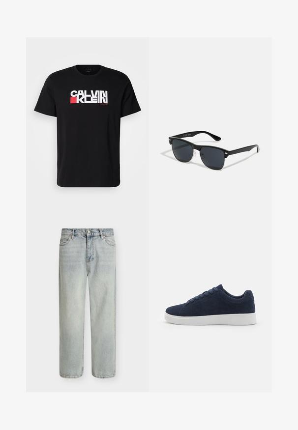 Schwarzes Baumwoll-T-Shirt mit auffälligem weißen und roten "CALVIN KLEIN"-Logo über der Brust. Kurzarm- und Rundhalsausschnitt-Design.; Hellblaue Jeans aus Denim mit lockerem Schnitt, geraden Beinen und leicht verwaschenem Finish. Verfügt über fünf Taschen und dekorative Nähte.; Navy Suede Sneakers mit runder Zehenpartie, weißer Gummisohle und sechs Schnürösen. Glatte Textur und minimalistisches Design. Seitenansicht gezeigt.; Schwarze Sonnenbrille mit rechteckiger Form, dunklen Gläsern, silbernen Akzenten an den Bügeln und mattierter Oberfläche des Rahmens.