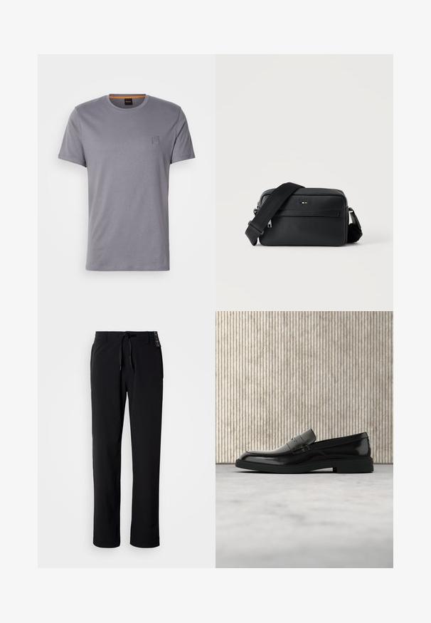 T-shirt gris à manches courtes en coton, avec un col rond et un petit écusson rectangulaire sur le côté supérieur gauche. Texture lisse.; Pantalon noir et léger avec une coupe droite. Doté d'une taille à cordon de serrage et d'une texture lisse. Convient pour une tenue décontractée.; Mocassin en cuir noir poli flottant au-dessus d'un tapis beige avec un mobilier translucide orange en arrière-plan.; Sac bandoulière en cuir noir texturé avec poche avant zippée et bandoulière large en tissu réglable sur fond blanc.