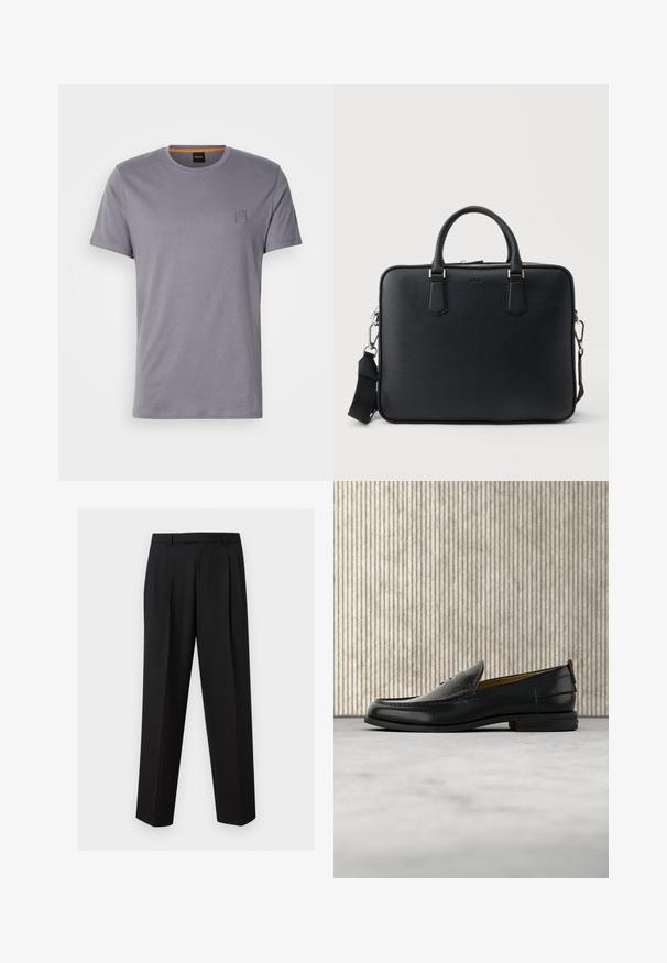 T-shirt gris à manches courtes en coton, avec un col rond et un petit écusson rectangulaire sur le côté supérieur gauche. Texture lisse.; Pantalon noir sur mesure avec jambes droites, plis à la taille, passants de ceinture et poches latérales fendues, présenté sur un fond uni.; Mocassin pour homme en cuir noir avec un dessus embossé effet croco et un petit talon, présenté de profil sur un fond neutre.; Portefeuille en cuir noir texturé avec deux poignées et une bandoulière détachable, doté d'une fermeture éclair argentée et de ferrures métalliques.