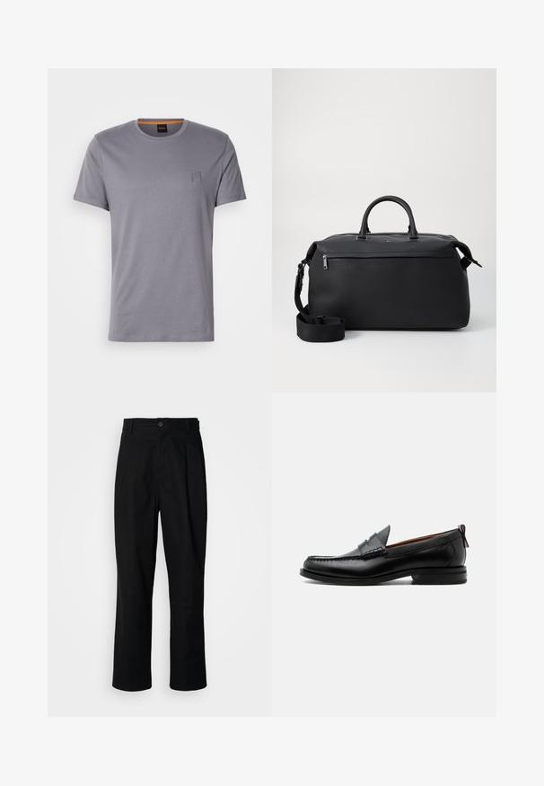 T-shirt gris à manches courtes en coton, avec un col rond et un petit écusson rectangulaire sur le côté supérieur gauche. Texture lisse.; Pantalons noirs à jambes droites avec une taille à bouton, passants de ceinture et pli avant, présentés sur un fond blanc uni.; Mocassin homme en cuir noir avec couture moc toe, bride penny, col texturé et petit talon empilé sur fond blanc.; Sac de voyage en cuir noir avec deux poignées supérieures, une bandoulière amovible et une poche avant zippée pour un espace de rangement supplémentaire.