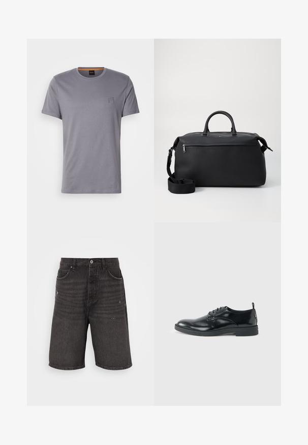 T-shirt gris à manches courtes en coton, avec un col rond et un petit écusson rectangulaire sur le côté supérieur gauche. Texture lisse.; Shorts en denim noir avec une coupe décontractée, dotés de poches avant, d'une texture vieilli et d'une taille classique avec une fermeture à bouton unique.; Chaussure habillée en cuir noir brillant avec un petit talon, fermeture à lacets et bout rond, vue de côté sur un fond uni et clair.; Sac de voyage en cuir noir avec deux poignées supérieures, une bandoulière amovible et une poche avant zippée pour un espace de rangement supplémentaire.