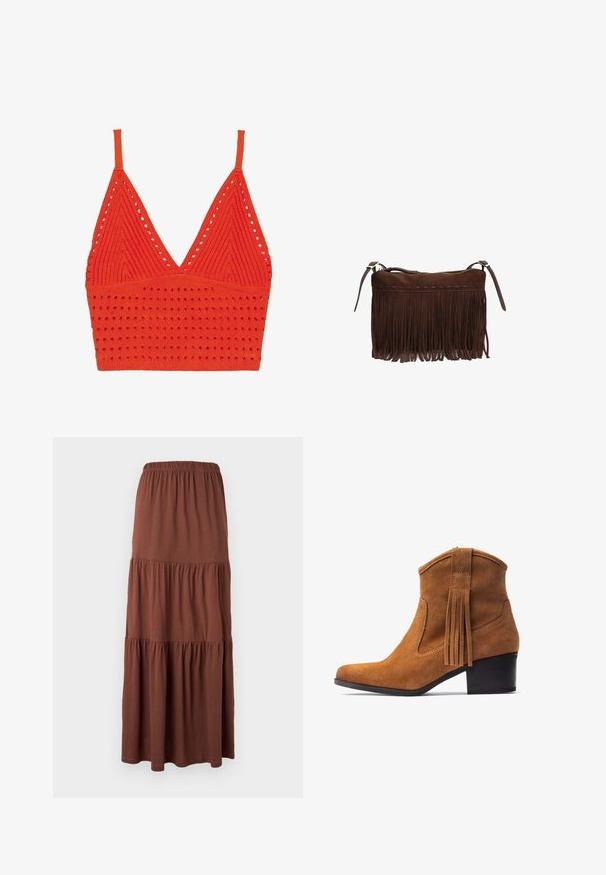 Top de sujetador de punto rojo con cuello en V, tirantes finos, patrón texturizado con agujeros y una banda ajustada en la parte inferior.; Falda larga marrón con volantes y cintura elástica, hecha de tela suave y ligera, colgada plana sobre un fondo blanco.; Botín de ante marrón con punta afilada, detalle de costura lateral y un adorno de borla en la parte trasera. Cuenta con un tacón bajo y cuadrado para mayor estabilidad.; Bolso de hombro de ante marrón con largas borlas flecos y correas ajustables, cierre de cremallera a lo largo del borde superior.