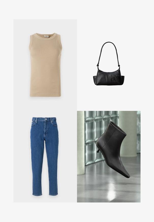 Beige ærmeløs top lavet af ribbet stof med rund hals, der har tonale stikninger og en tætsiddende design.; Blå denim jeans med høj talje, lynlås, fem lommer, lige ben og en diskret fadet tekstur, samt en ren sømfinish.; Sort læderankelstøvle med spids tå og lille hæl vist mod en væg af glasblokke og poleret gulv baggrund.; Sort læder skuldertaske med lang rem, sidelommer og præget Calvin Klein-logo på fronten.