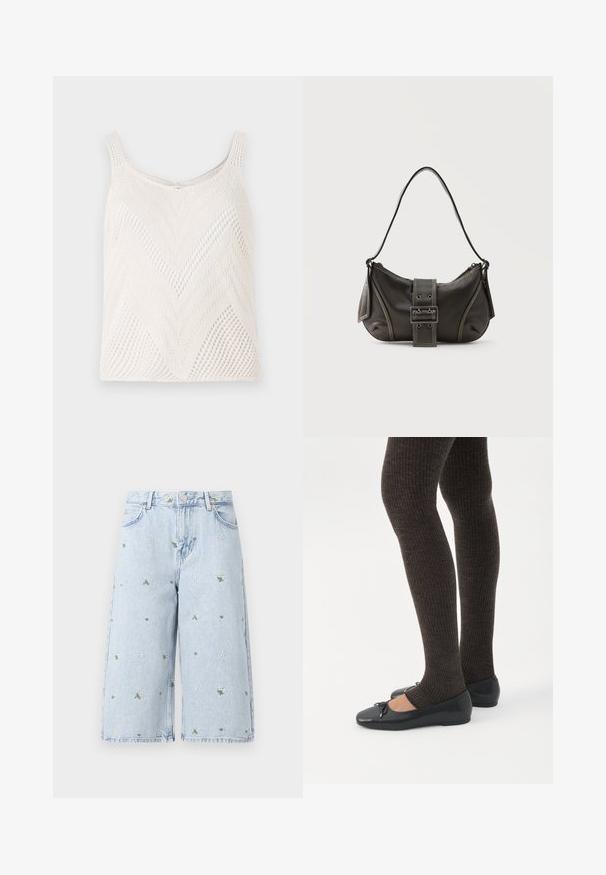 Débardeur en tricot blanc léger avec un motif en chevrons, doté de fines bretelles et d'une texture à mailles ouvertes.; Shorts en denim délavé avec broderie florale, mettant en avant des marguerites et des feuilles vertes. Design classique à cinq poches et ourlet effiloché.; Jambes portant des leggings côtelés foncés associés à des ballerines noires avec de petits détails en nœud sur fond blanc.; Sac à épaule en cuir noir avec une sangle à boucle, des bords arrondis et des coutures blanches contrastées sur un fond uni.