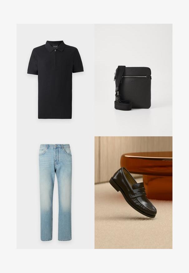 Schwarzes Poloshirt mit kurzen Ärmeln und durchgehendem Reißverschlusskragen, aus glattem Stoff gefertigt, mit klassischem Design und taillierter Passform.; Helle blaue Jeans aus Denim mit geradem Bein, fünf Taschen und einem ausgewaschenen Effekt an den Oberschenkeln.; Glänzender schwarzer Leder-Loafer mit einem Riemendetail, auf einem beigen Teppich neben einem runden braunen Couchtisch in einem sanft beleuchteten Raum platziert.; Schwarze Leder-Umhängetasche mit strukturierten Oberflächen, einem Reißverschluss-Frontfach und einem verstellbaren Stoffgurt. Einfaches quadratisches Design.