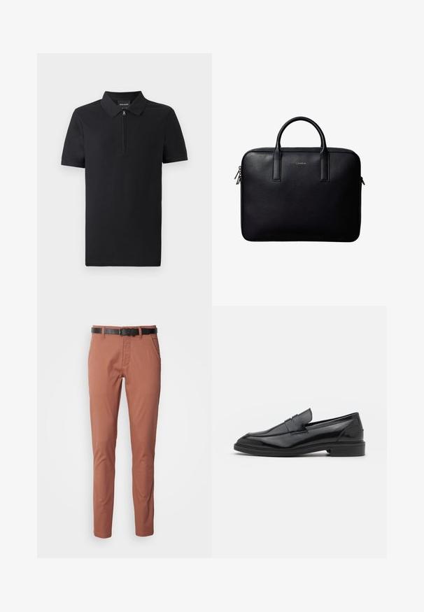 Schwarzes Poloshirt mit kurzen Ärmeln und durchgehendem Reißverschlusskragen, aus glattem Stoff gefertigt, mit klassischem Design und taillierter Passform.; Kaminfarbene Chinos in Slim Fit, ausgestattet mit einem schwarzen Leder-Gürtel, seitlichen Taschen und einer glatten Stoffoberfläche.; Schwarze Lederloafers mit glatter Oberfläche, runder Spitze und schmalem Riemen über dem Obermaterial. Niedriger, gestapelter Absatz.; Schwarze Lederaktentasche mit zwei Griffen, rechteckiger Form und silbernen Reißverschlusszippern, mit einem kleinen eingeprägten Logo in der Mitte.