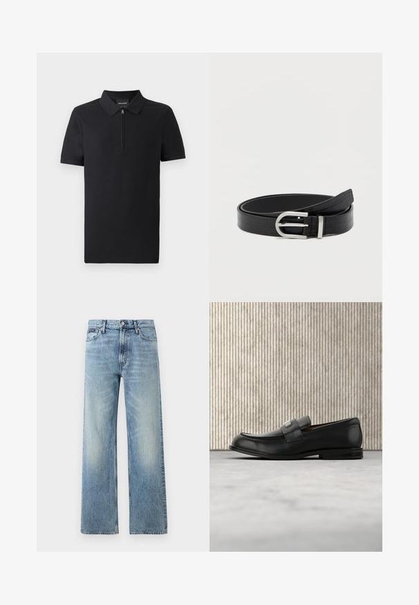 Schwarzes Poloshirt mit kurzen Ärmeln und durchgehendem Reißverschlusskragen, aus glattem Stoff gefertigt, mit klassischem Design und taillierter Passform.; Hellblaue Jeans mit geradem Bein, hohem Bund, fünf Taschen, Knopfverschluss und dezentem Verblassen an Oberschenkeln und Knien.; Schwarzer Lederloafer mit einer Metallmarkenplatte, der nahe einem braunen runden Tisch auf beigem Teppichboden ruht.; Schwarzer Kunstledergürtel mit Krokodilstruktur und einer silbernen runden Schnalle, aufgewickelt auf einem schlichten weißen Hintergrund.