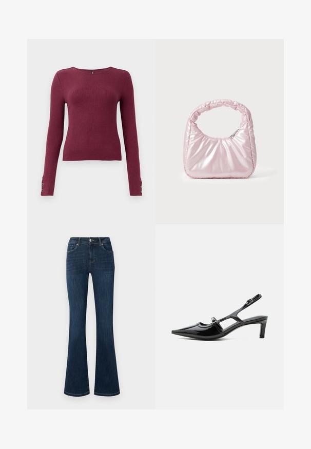Burgundy langærmet ribstrikket sweater med rund halsudskæring og knapdetaljer på ærmerne. Fremstillet af et tekstureret strikmateriale.; Mørkeblå denimjeans med mellemhøj talje, fem-lomme stil og vide bukseben, vist fladt mod en hvid baggrund.; Sort laklæder spids tå slingback sko med lav hæl og to justerbare spænder, vist i sideprofil.; Rosa, polstret håndtaske med afrundet design, lavet af skinnende materiale. Har et samlet håndtag og en lynlås til sikker adgang.