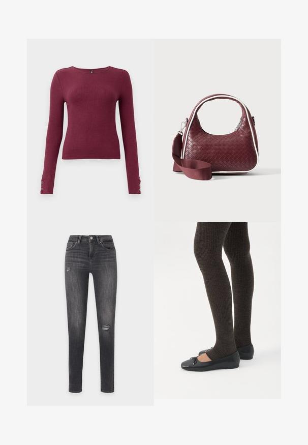Bordeaux lange mouw ribbel trui met een ronde halslijn en knoopdetails op de manchetten. Gemaakt van een gestructureerde brei-stof.; Zwarte slim-fit jeans met lichte vervaging en kleine distressed scheurtjes op het bovenbeen en kniegebied, met voorzakken en riemlussen.; Benen met donkere geribbelde leggings gecombineerd met zwarte ballerina's met kleine strikdetails op een witte achtergrond.; Donkerrode geweven leren handtas met gebogen handvat, witte bies, zilveren rits en afneembare brede stoffen schouderriem tegen een effen achtergrond.