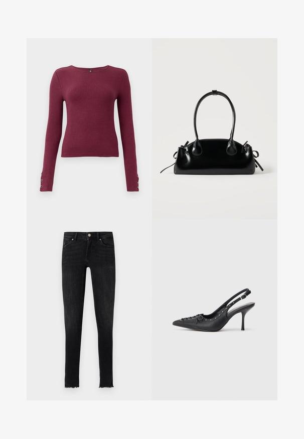 Pull en maille côtelée à manches longues bordeaux avec un col rond et des accents de boutons sur les poignets. Fabriqué dans un matériau en tricot texturé.; Jean skinny noir en denim, avec un ourlet effiloché, des poches avant et une fermeture à bouton à la taille. La texture semble lisse.; Escarpin en cuir noir à talon aiguille avec un bout pointu, une bride latérale à boucle, des clous le long du bord et un laçage décoratif à l'avant.; Petit sac à main noir brillant avec deux longues anses et des détails à cordon sur les côtés sur un fond clair uni.