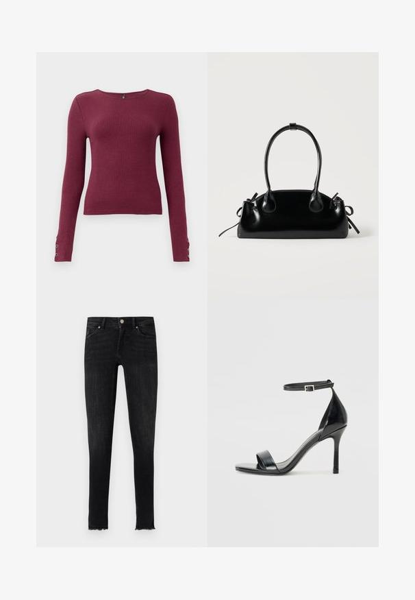Bordeaux lange mouw ribbel trui met een ronde halslijn en knoopdetails op de manchetten. Gemaakt van een gestructureerde brei-stof.; Zwarte skinny jeans van denim, met een rafelige zoom, voorzakken en een knoopsluiting in de taille. De textuur lijkt glad.; Zwarte lakleren sandaal met hoge hakken, een open teen, een enkele band aan de voorkant en een verstelbare enkelband.; Kleine zwarte glanzende handtas met twee lange hengsels en zijkant trekkoord details op een effen lichte achtergrond.
