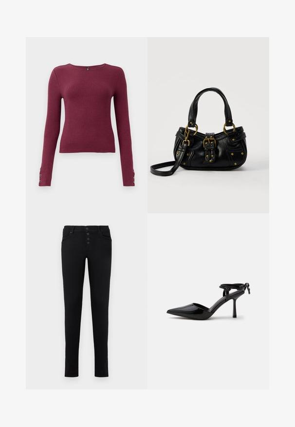 Burgundy langærmet ribstrikket sweater med rund halsudskæring og knapdetaljer på ærmerne. Fremstillet af et tekstureret strikmateriale.; Sorte denim jeans med slim fit, fem lommer og knappelukning. Har en glat tekstur og rene linjer.; Sort laklæder højhælet sko med spids tå og ankrem bundet i en knude bagpå, vist på en ensartet hvid baggrund.; Sort læderhåndtaske med guldbælge og nitdetaljer, korte håndtag og en justerbar skulderrem på en ensfarvet hvid baggrund.
