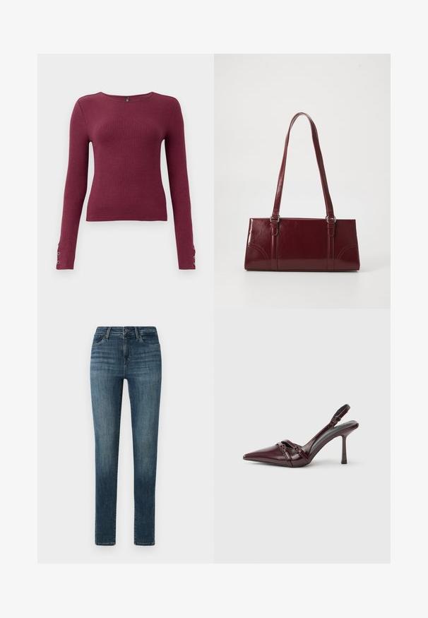 Burgundy langærmet ribstrikket sweater med rund halsudskæring og knapdetaljer på ærmerne. Fremstillet af et tekstureret strikmateriale.; Mørkeblå denim jeans med slim fit, der har en knaplukning, fem lommer og subtile slidser langs lårene.; Bourgogne laklæder slingback-hæl med spids tå, tynd ankelrem og lille dekorativ spænde. Glat tekstur og høj hæl.; Bordeaux håndtaske lavet af glansfuldt materiale, rektangulær form, med to skulderremme og subtile buede detaljer på forsiden.