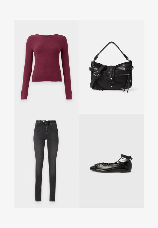 Burgundy langærmet ribstrikket sweater med rund halsudskæring og knapdetaljer på ærmerne. Fremstillet af et tekstureret strikmateriale.; Sorte højtaljede skinny jeans lavet af denim, med lynlås, fem-lomme design og glat tekstur med let falmning.; Sorte balletflade sko i laklæder med rundet tå, snørelukning og flad sål. Glat tekstur med få detaljer.; Even&Odd by Zalando H24462 - Håndtasker - black