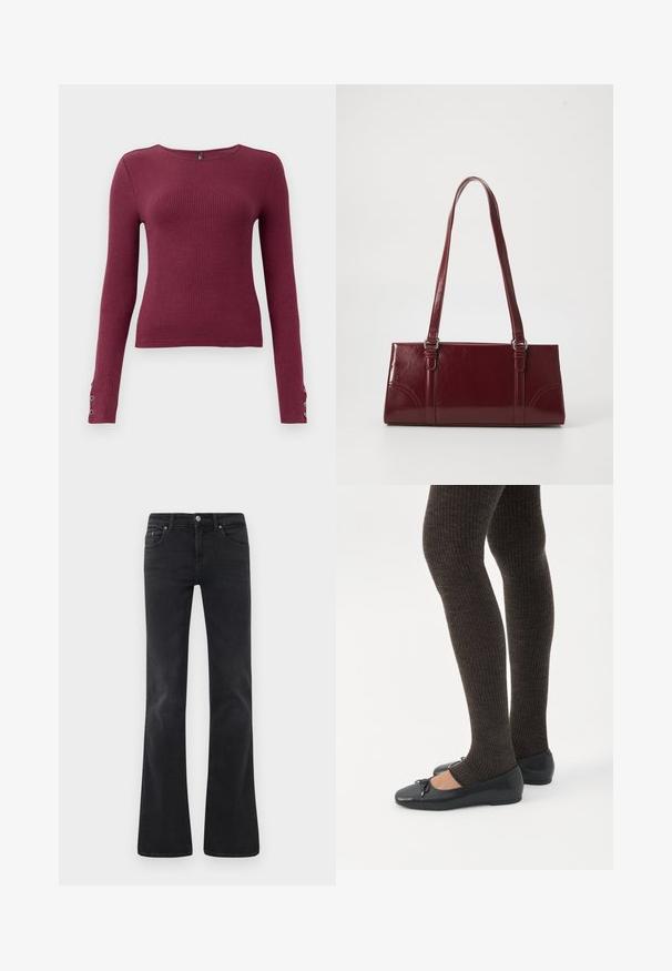 Bordeaux lange mouw ribbel trui met een ronde halslijn en knoopdetails op de manchetten. Gemaakt van een gestructureerde brei-stof.; Zwarte flare jeans gemaakt van denim, met een klassieke vijf-pocket design, een knoopsluiting en subtiele stikseldetails.; Benen met donkere geribbelde leggings gecombineerd met zwarte ballerina's met kleine strikdetails op een witte achtergrond.; Bourgondische handtas van glanzend materiaal, rechthoekige vorm, met twee schouderbanden en subtiele gebogen accenten aan de voorkant.