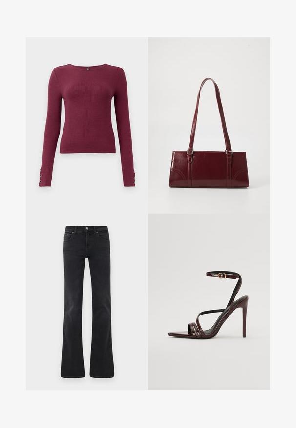 Bordeaux lange mouw ribbel trui met een ronde halslijn en knoopdetails op de manchetten. Gemaakt van een gestructureerde brei-stof.; Zwarte flare jeans gemaakt van denim, met een klassieke vijf-pocket design, een knoopsluiting en subtiele stikseldetails.; Bordeaux gepatineerde leren hoge hakken sandaal met een enkelbandje, puntige neus en drie horizontale banden over de voet. Details met gouden gesp.; Bourgondische handtas van glanzend materiaal, rechthoekige vorm, met twee schouderbanden en subtiele gebogen accenten aan de voorkant.
