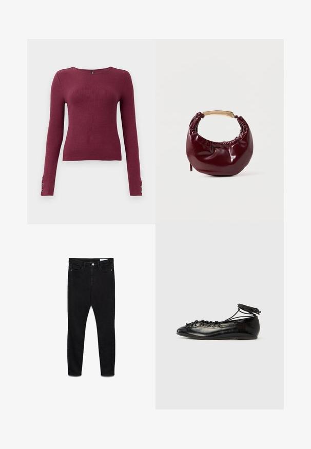 Bordeaux lange mouw ribbel trui met een ronde halslijn en knoopdetails op de manchetten. Gemaakt van een gestructureerde brei-stof.; Zwarte high-waist skinny jeans met knoop en ritssluiting aan de voorkant, twee voorzakken en twee achterzakken, plat uitgespreid op een witte achtergrond.; Zwarte ballerina's van lakleer met een afgeronde neus, veterdesign en een platte zool. Glad oppervlak met minimale details.; Bordeaux neplederen handtas met een ronde vorm, geplooide details en een handgreep van goudkleurig metaal. Gladde textuur en glanzende afwerking.