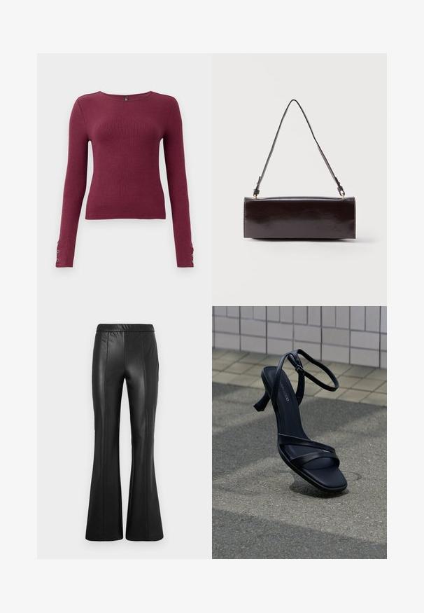 Burgundy langærmet ribstrikket sweater med rund halsudskæring og knapdetaljer på ærmerne. Fremstillet af et tekstureret strikmateriale.; ONLY ONLJESSIE PANTS - Bukser - black; Sort højhælet sandal med stropper og ankelspænde, der svæver over tekstureret gråt fortov med flisebelagt væg i baggrunden.; Rektangulær sort læderhåndtaske med en enkelt lang rem og blank finish, vist mod en ensfarvet hvid baggrund.