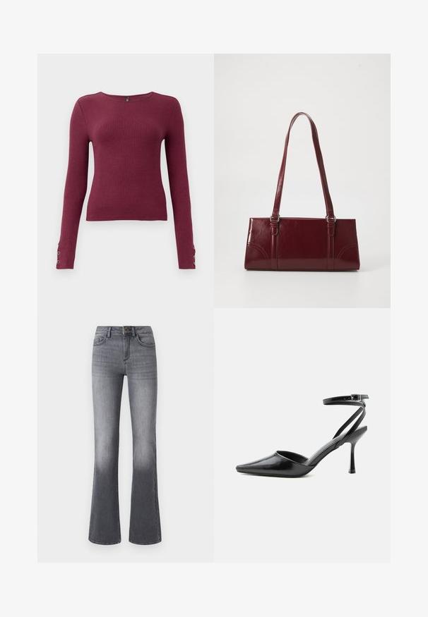 Pull en maille côtelée à manches longues bordeaux avec un col rond et des accents de boutons sur les poignets. Fabriqué dans un matériau en tricot texturé.; Jean flare taille haute en denim gris foncé, avec poches frontales, fermeture à bouton et légère décoloration vers l'ourlet.; Escarpin noir à bout pointu avec fines brides de cheville et fermeture à boucle argentée sur fond clair uni.; Sac à main bordeaux en matériau brillant, de forme rectangulaire, avec deux anses et des accents légèrement courbés à l'avant.