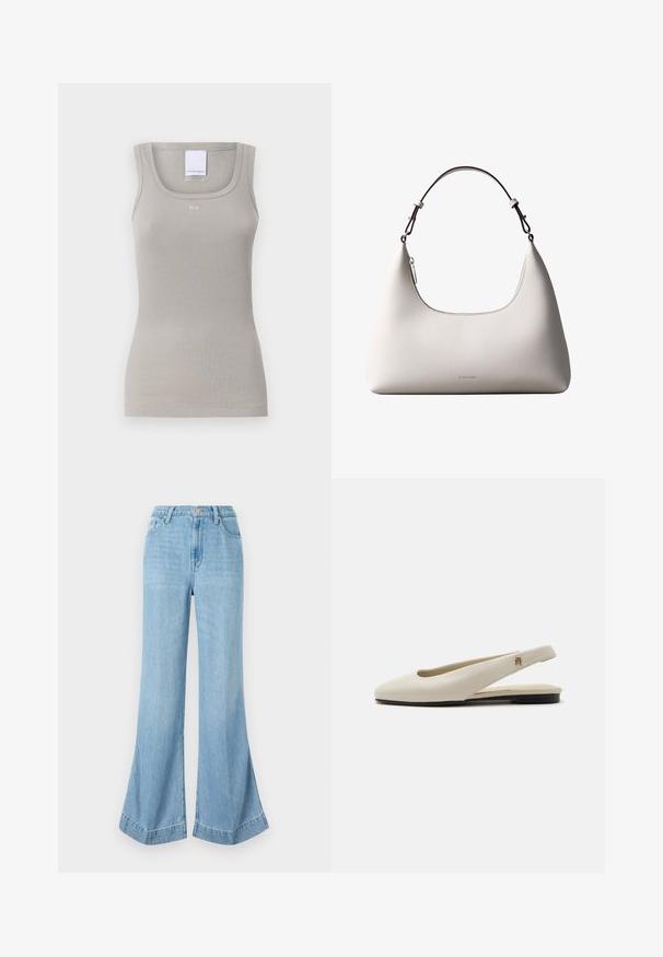 Top de tirantes gris con canalés, con un escote redondo y tirantes estrechos, que presenta un pequeño logo en la parte frontal central y una superficie lisa y texturizada.; Jeans de denim de pierna ancha color azul claro, de cintura alta con cierre de botones, que presentan un acabado limpio y un dobladillo acampanado con aberturas laterales.; Zapato plano slingback de cuero color crema con puntera redondeada y pequeño emblema dorado en la correa.; Bolso de hombro de cuero color crema de Calvin Klein con borde superior curvado, cremallera plateada y correa ajustable marrón oscuro.