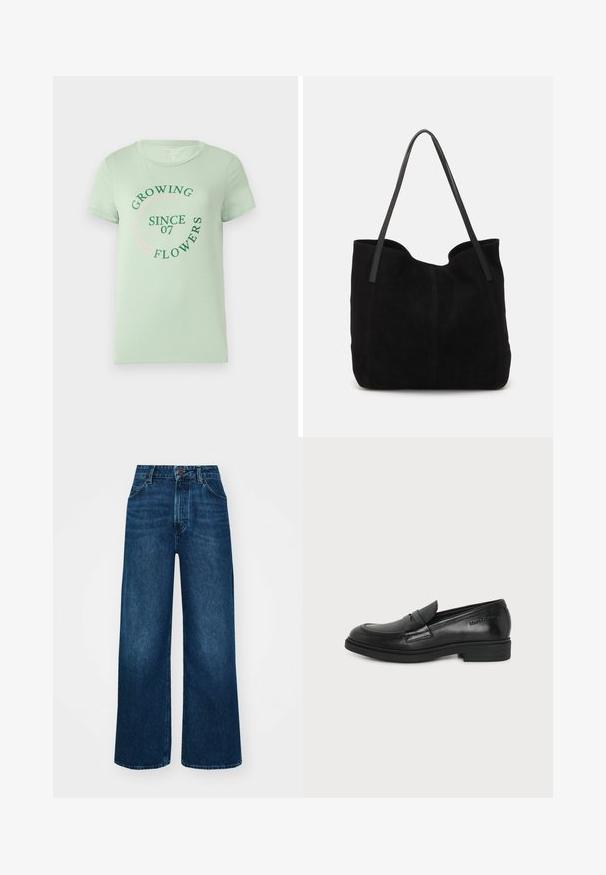 Lichtgroene katoenen T-shirt met korte mouwen. De voorkant heeft cirkelvormige tekst: "Bloemen Groeien Sinds 07" in groen en roze. Rond de hals.; Hoge taille, wijde jeans in donkerblauwe denim met een gladde textuur, contraststiksels en een vijf-pocket ontwerp. Sluiting met een knoop aan de voorkant.; Zwarte leren loafer met lage hak, decoratieve band over de wreef en merkdetail nabij de hiel op een witte achtergrond.; Zwarte suede tote bag met twee lange, platte leren handvatten. Heeft een gebogen bovenrand en zichtbare stiksels aan de voorkant. Geen hardware-accenten.