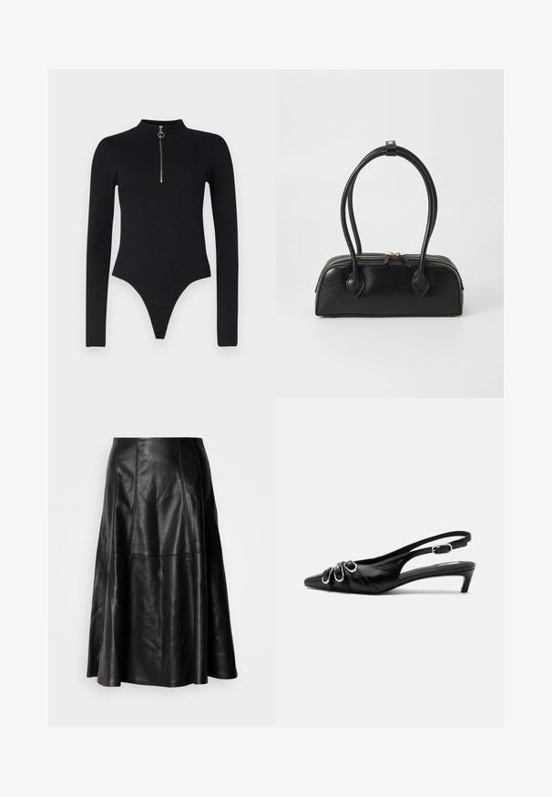 Noisy May NMTONI BODY - Pikkade varrukatega topp - black; Mustrist mustriga mustriga, millel on nähtavad õmblused ja sile tekstuur. Keskmise pikkusega klassikalise lõikega.; Mustast nahast slingback-kinga terava varbaosaga, ees kolm hõbedast pandlat ja madal kitkandi konts valgel taustal.; Must mustroheline nahast käekott kahe pikema käepidemega, lukuga ja ümar kuju; sile tekstuur kerge läikiva viimistlusega.