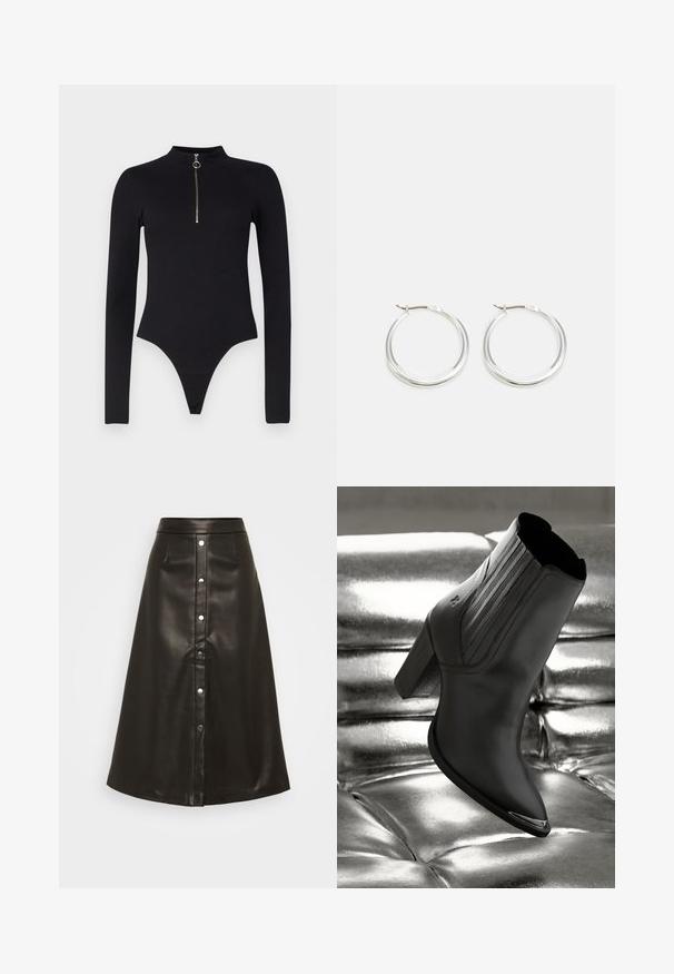 Noisy May NMTONI BODY - Langarmshirt - black; Schwarzer Leder-A-Linie-Rock mit hohem Taillenbund, vorderer Knopfleiste und zwei seitlichen Taschen. Glatte Textur und knielanges Design.; Schwarze Leder-Ankle-Boots mit einem hohen Absatz, die vertikale Nähte und einen glänzenden silbernen Akzent auf der Zehe aufweisen, vor einem metallischen Hintergrund.; Silberne Creolen zeichnen sich durch ein glattes, rundes Design mit einem schlanken Profil und einem sicheren Verschluss aus. Minimalistischer Stil mit glänzender Oberfläche.