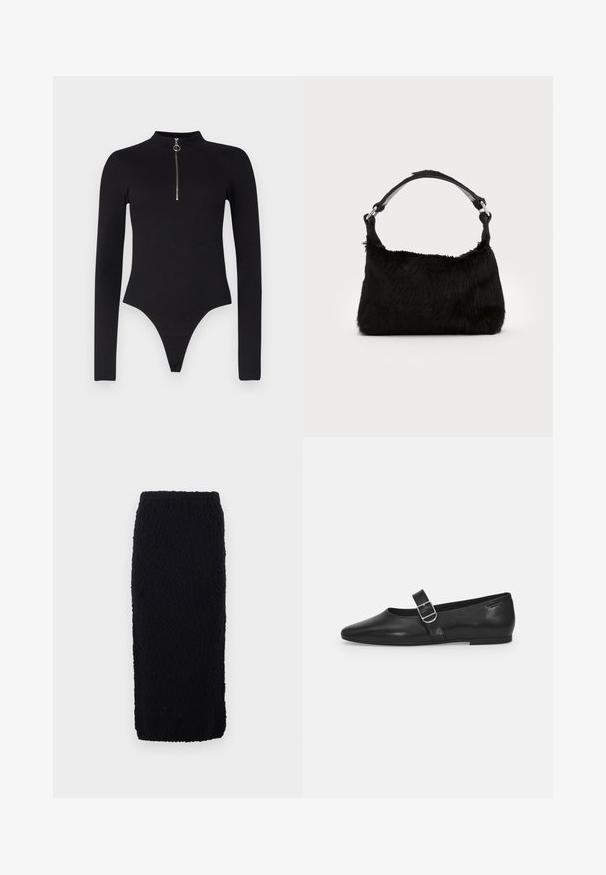 Noisy May NMTONI BODY - Top s dlhým rukávom - black; Čierna pletená sukňa po kolená s textúrovaným povrchom a rovnými strihom. Pás je elastický pre pohodlie.; Čierna kožená plochá obuv s okrúhlym nosom, jedným nastaviteľným pásikom so sponou a hladkým, lesklým povrchom. Minimalistický dizajn s nízkym podpätkom.; Čierna kabelka z umelého kožušiny s jemnou textúrou, zaobleným tvarom a pevným čiernym koženým ramenným popruhom. Viditeľné akcenty zo strieborného kovu.