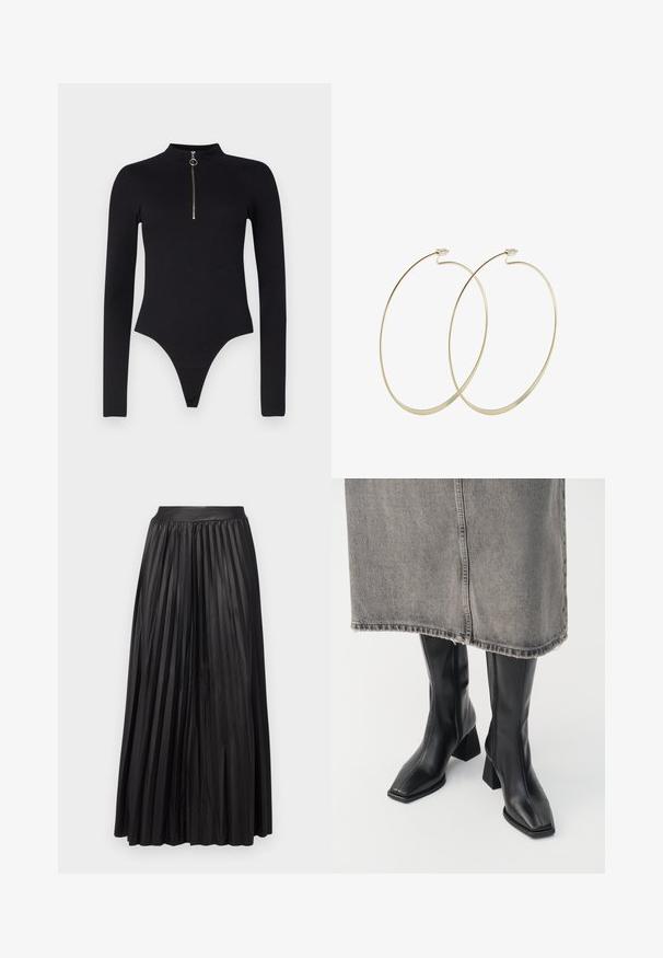 Noisy May NMTONI BODY - Langarmshirt - black; Gefalteter schwarzer Maxirock aus strapazierfähigem Stoff, mit einem breiten Bund und fließendem Design, das geschichtete vertikale Linien erzeugt.; Schwarze knielange Stiefel aus glattem Leder mit quadrater Zehenpartie und Blockabsatz. Getragen mit einem grauen Jeansrock mit ausgefranstem Saum.; Pilgrim Ohrringe - gold-coloured