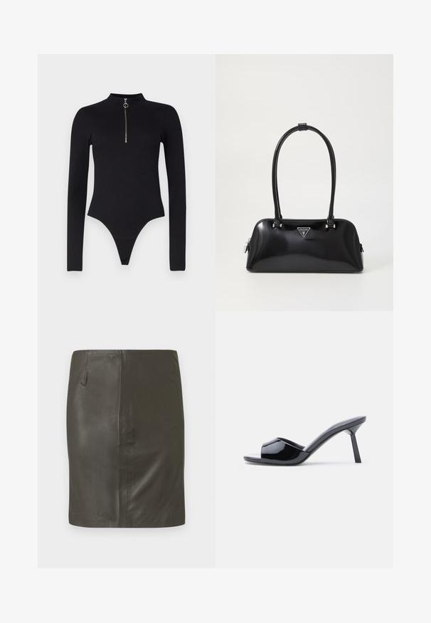 Noisy May NMTONI BODY - Langarmshirt - black; Dunkelgrüner Lederrrock mit glatter Textur, figurbetonter Form und einer seitlichen Tasche. Schlichtes Design ohne sichtbare Beschläge oder Muster.; Schwarze Sandalen mit Absatz aus Lackleder, offenem Zehenbereich, mit geschwungenem Obermaterial und spitz zulaufendem Stilettoabsatz. Glatte, glänzende Oberfläche.; Schwarz glänzende Handtasche mit geschwungener Silhouette, zwei Griffen und einem Logo-Plakette auf der Vorderseite. Reißverschlussverschluss und glänzende Hardwareakzente.