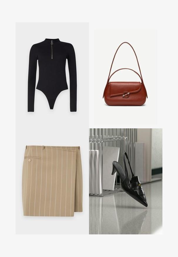 Noisy May NMTONI BODY - Langærmet T-shirt - black; Beige nederdel med lodrette hvide striber, lavet af et tekstureret stof. Har en frontklap og en baglomme med en knapdetalje.; Sort læder slingback hæl med spids tå, frynser og guldknapdetalje på en reflekterende gulv nær metalarkivholdere.; Brun skuldertaske i læder med afrundet rektangulær form, asymmetrisk klap, sølvfarvet rund lukning og to tynde stropper.