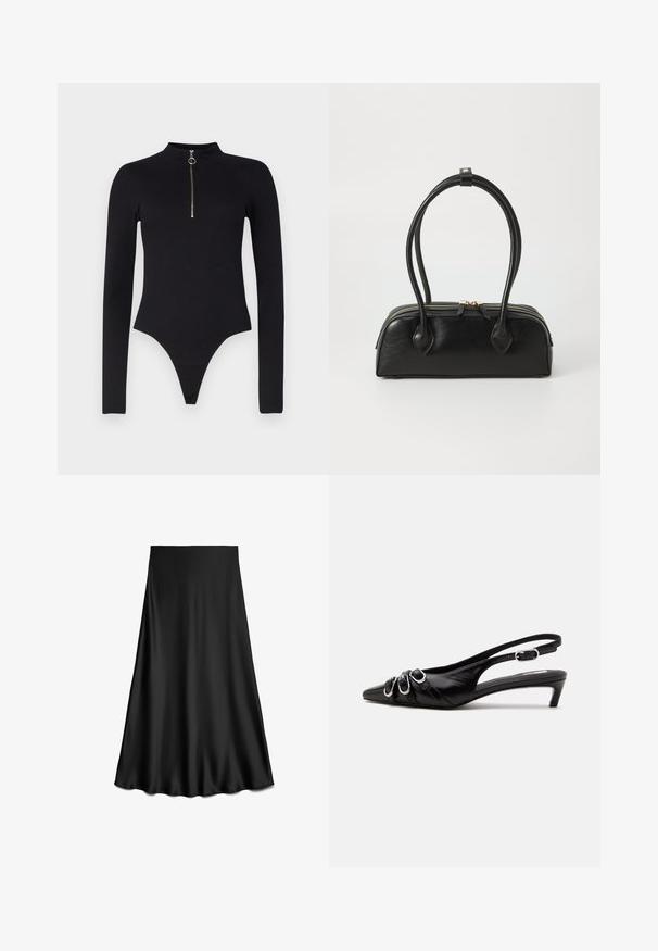 Noisy May NMTONI BODY - Langarmshirt - black; Schwarzer Satinrock in A-Linie mit glatter Textur und fließendem Saum, knielang, auf weißem Hintergrund dargestellt.; Schwarzer Lederslingback mit spitzer Spitze, drei silbernen Schnallen vorne und niedrigem Kittenabsatz auf weißem Hintergrund.; Schwarze Lederhandtasche mit zwei verlängerten Griffen, Reißverschluss und runder Form; glatte Textur mit subtiler glänzender Oberfläche.