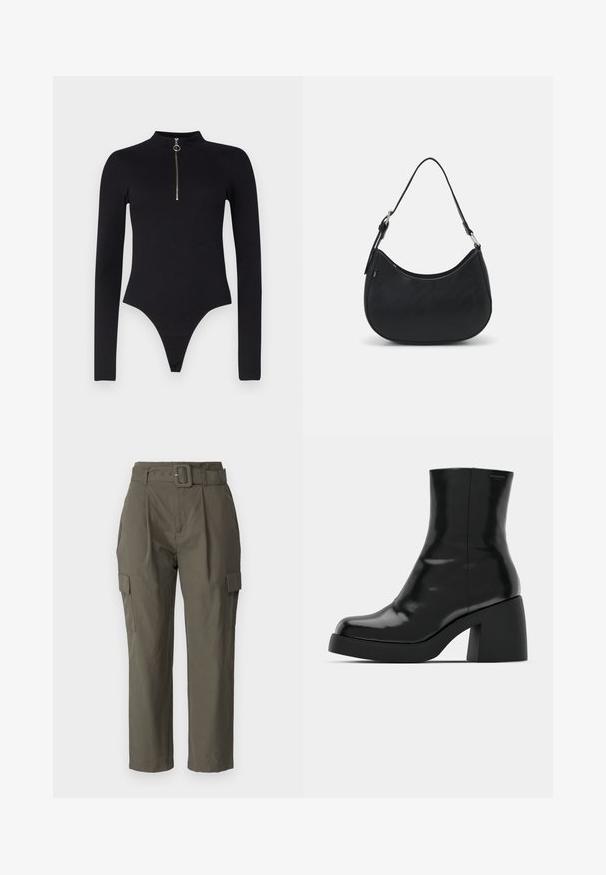 Noisy May NMTONI BODY - Top s dlhým rukávom - black; Kargo nohavice v olivovo zelenej farbe, vyrobené z ľahkej tkaniny. Medzi vlastnosti patrí opasok v páse, predné záhyby a bočné vrecká so zapínaním na klopne.; Čierne členkové topánky s lesklým povrchom, štvorcovou špičkou a širokým blokovým opätkom. Dizajn sa vyznačuje bezšvovou siluetou a minimálnym brandingom.; Čierna taška hobo vyrobená z hladkej kože s prehnutým siluetou, s jedným nastaviteľným popruhom a minimalistickými dizajnovými detailmi.