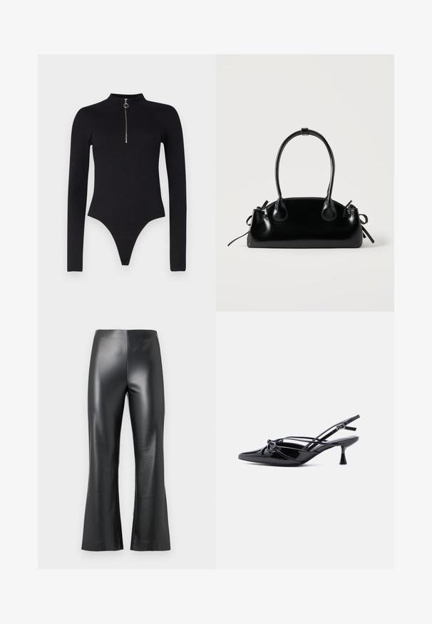 Noisy May NMTONI BODY - Top s dlhým rukávom - black; Čierne umelé kožené nohavice s rozšírenými nohavicami, so hladkou, lesklou textúrou a vysokým pásom. Jednoduchý a elegantný vzhľad.; Čierne lodičky zo syntetickej lesklej kože s remienkom na päte, špicatou špičkou, nízkym „kitten“ podpätkom a dekoratívnou uzlíkovou mašľou vpredu.; Malá čierna lesklá kabelka s dvoma dlhými rúčkami a bočnými šnúrkovými detailmi na jednoduchom svetlom pozadí.