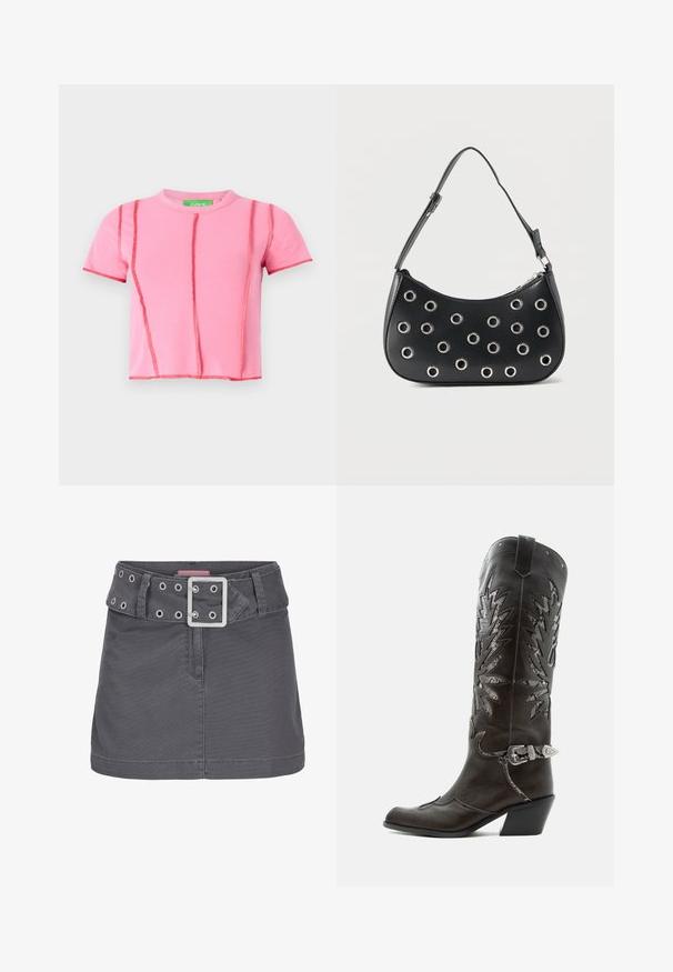 Camiseta corta rosa con cuello redondo, mangas cortas y costuras de contraste en rojo, con un diseño recortado.; Minifalda de algodón gris con un cinturón ancho que presenta ojales plateados y una hebilla de metal cuadrada, diseñada con una silueta limpia y recta.; Bota cowboy de cuero negro con recortes decorativos, hebilla plateada y tacón inclinado, presentada sobre fondo blanco.; Bolso de hombro de cuero negro con correa ajustable, adornos de ojales metálicos plateados y cierre superior con cremallera.